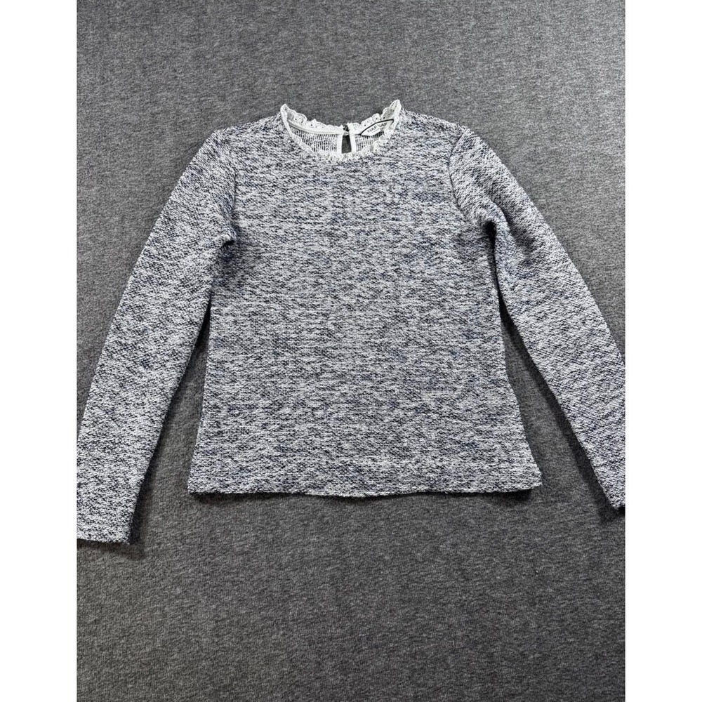Naf Naf Women Blue‎ White Marled Knit Lace Trim Keyhole Back Top Size S